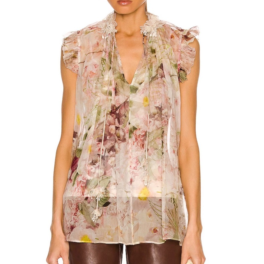 Zimmermann Dancer Flutter 100% Silk Top Alabaster Garden Floral Romantic 0 US 4